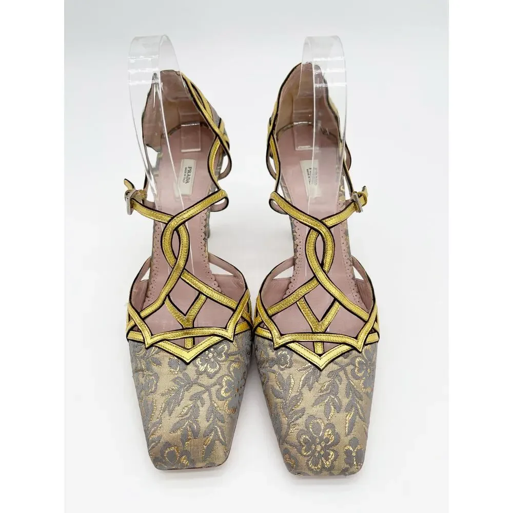 Prada Vintage Gold Floral Brocade Retro Baroque Strappy Square Toe Heels IT 40 - Picture 6 of 11